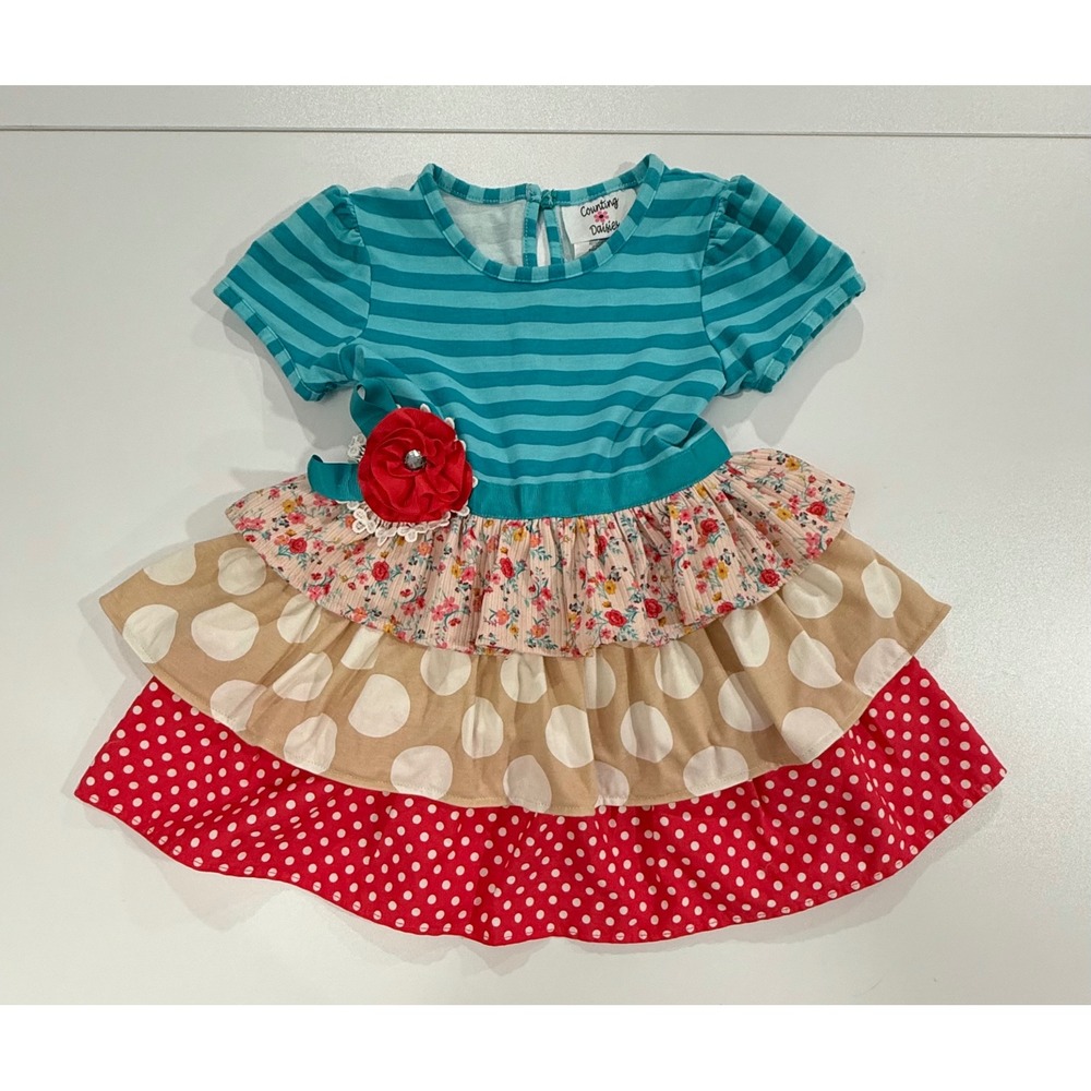 Counting Daisies Girls Dress Sz 5 Aqua Striped Floral Polka Dot Tiered Ruffle 29